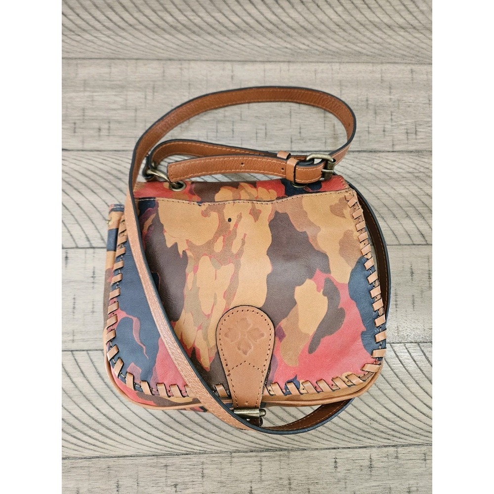 Patricia Nash Parisian Saddle Bag Italian Leather Flap Camo Western Rustic Boho